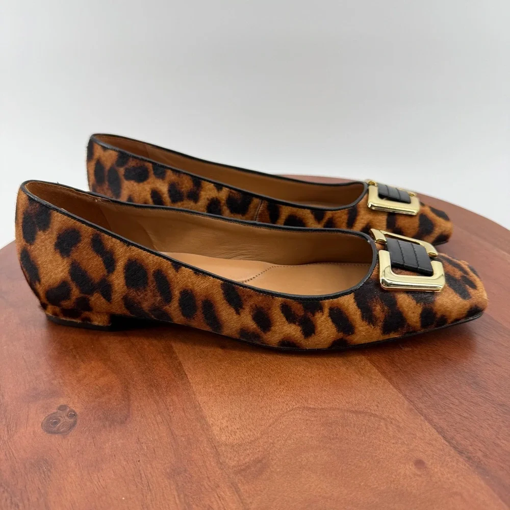 Talbots Leather Flats Leopard Calf Hair Gold Buckle Square Toe Brazil Women 10.5